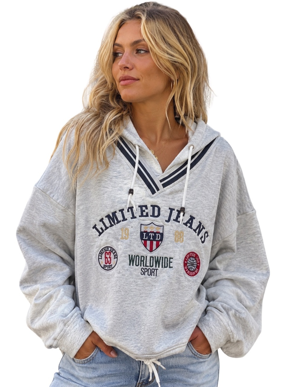 VTG 90s Limited Jeans Hoodie Pullover Gray Embroidered Logo coastal preppy XL